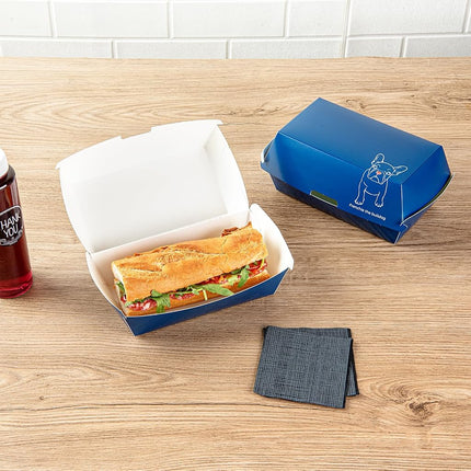 Bio Tek 6.7 x 3.5 x 3.5 Inch Clamshell Food Containers, 100 Disposable Sandwich Containers - Hinged Lid, Tab-Lock Closure, Frenchie Paper Hot Dog Containers, Greaseproof - Restaurantware