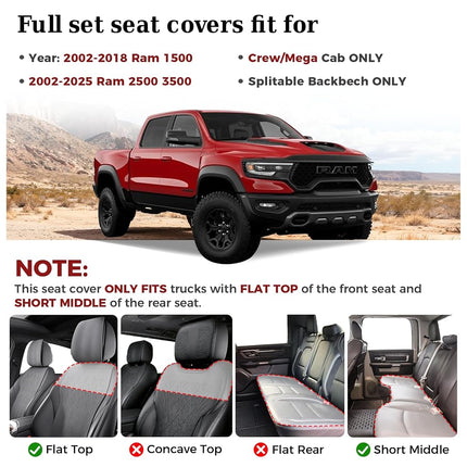 Truckiipa Dodge Ram Seat Covers Full Set, Full Coverage Luxury Car Seat Covers Waterproof Leather Protector Pickup Truck Accessories, Custom Fit for 2002-2023 Ram 1500 2500 3500 Crew Mega Cab