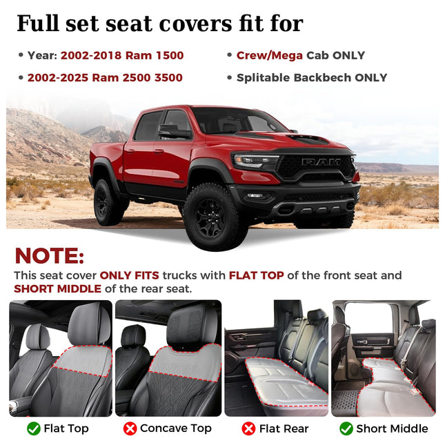 Truckiipa Dodge Ram Seat Covers Full Set, Full Coverage Luxury Car Seat Covers Waterproof Leather Protector Pickup Truck Accessories, Custom Fit for 2002-2023 Ram 1500 2500 3500 Crew Mega Cab