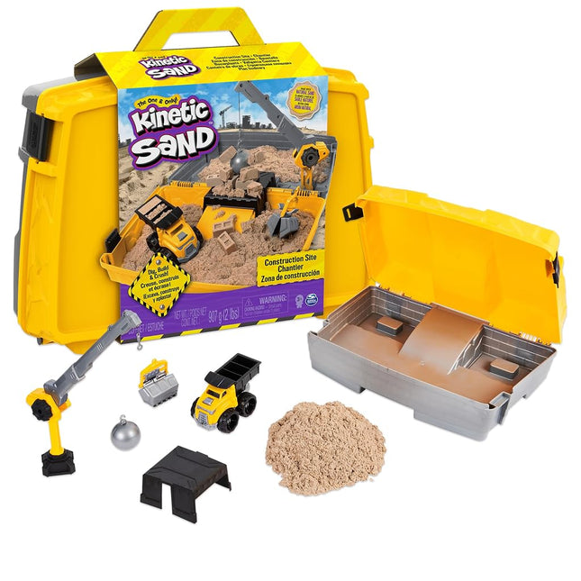 Kinetic Sand, Construction Site Folding Sandbox with 2lbs Play Sand & Toy Truck, Storage Case, Sensory Toys, for Kids Ages 3 and up