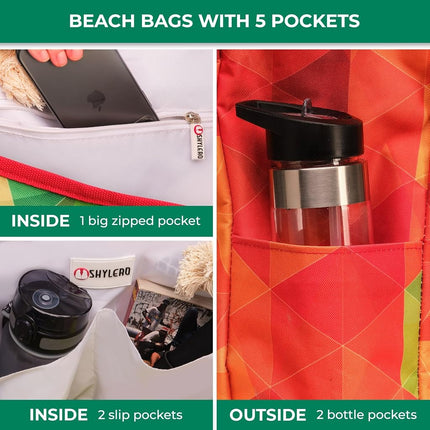 SHYLERO Beach Bag XL. 100% Waterproof (IP64). L22 xH15 xW6 w Cotton Rope Handles, Top Zipper, Extra Outside Pocket. Beach Tote Has Waterproof Phone Case, Built-in Key Holder, Bottle Opener (Rainbow)