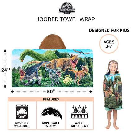 Franco Kids Bath and Beach Soft Cotton Terry Hooded Towel Wrap, 24 in x 50 in, Jurassic World Dominion