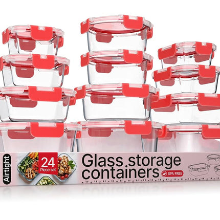 Red Borosilicate Glass Food Storage Containers with Lids 24 Pieces, Food-grade, BPA-Free Stackable Glass Lunch & Leftover Containers, Microwave, Freezer & Dishwasher Safe, Airtight Leak-Proof