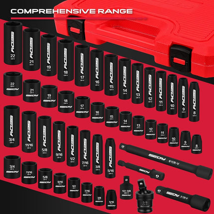49-Piece SAE and Metric Impact Socket Set with Extension Bars - For High Durability Impact Wrench