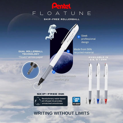 Pentel Floatune Skip-Free Rollerball Pen, 0.8mm Medium Line, Black Ink, 4 Pack