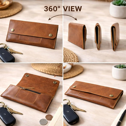 TheAntiq Leather Currency Pouch Wallet, Full Grain Money Organizer with Zipper Coin Pocket & Mobile Holder, Slim Travel Cash Envelope for Men & Women – Tan 8x4