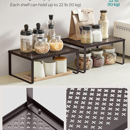 SONGMICS Cabinet Shelf Organizer, Set of 2 Metal Kitchen Counter Shelves, Stackable, Expandable Brown