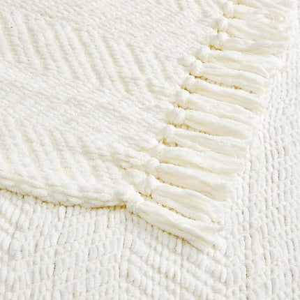CREVENT Knitted Decorative Throw Blanket for Couch Sofa Chair Bed, Soft Breathable Lightweight for Spring Summer Fall (127x152cm Ivory)