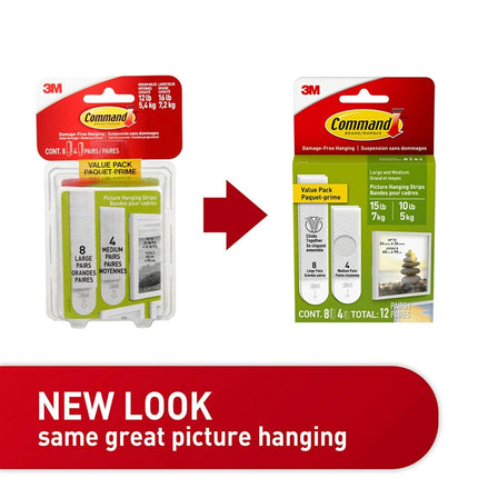 Command 3M Picture Hanging Strips – Removable Hanging Strips for Large Picture Frames – Value Pack - 4 Pairs (Medium), 8 Pairs (Large)