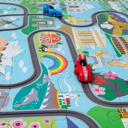 Melissa & Doug Race Around the World Tracks Cardboard Jigsaw Floor Puzzle and Wind-Up Vehicles | Educational Toys for Kids | Age 3+ - FSC Certified