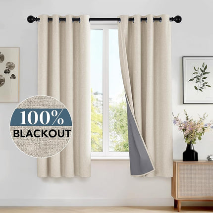 Deconovo Linen-Look 100% Blackout Curtains, Thermal Insulated Grommet Coating Drapes for Bedroom & Living Room, Cream 52W x 63L 2 Panels
