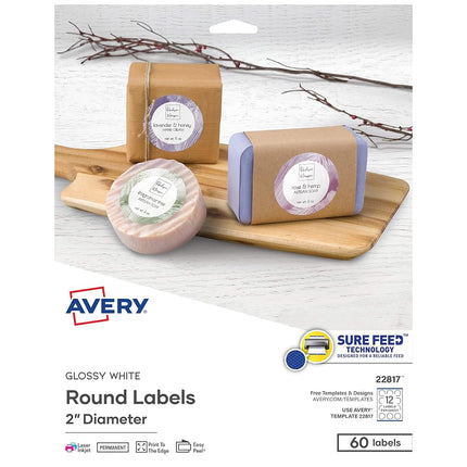 Avery Printable Round Labels with Sure Feed, 2" Diameter, Glossy White, 60 Customizable Labels (22817)