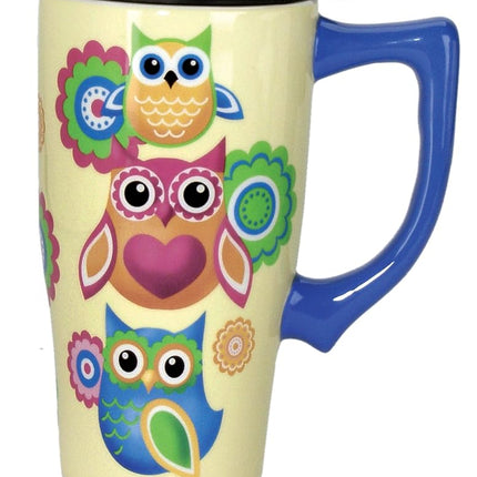 Spoontiques 12562 Owls Ceramic Travel Mug, Yellow