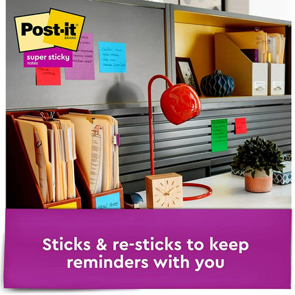 Post-it Super Sticky Notes, 3x3 in, 15 Pads, 2X the Sticking Power, Energy Boost, Bright Colors (Orange, Pink, Blue, Green), Recyclable (654-24SSAU-CP)