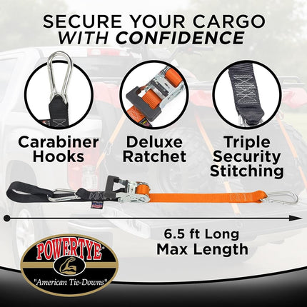 PowerTye 1½" x 6½ft Heavy-Duty Ratchet Tie-Downs, Made in USA with Soft-Tye and Carabiner Hooks (Pair) Tie-Down + Storage Bag Orange/Black