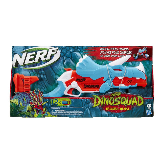 NERF DinoSquad Tricera-Blast Dart Blaster, Break-Open 3-Dart Loading, 12 Official Darts, Dart Storage, Triceratops Dinosaur Design