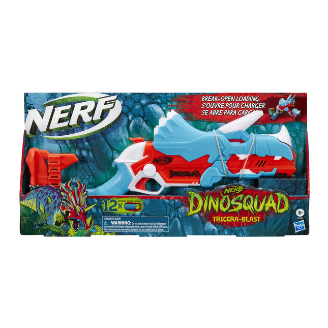 NERF DinoSquad Tricera-Blast Dart Blaster, Break-Open 3-Dart Loading, 12 Official Darts, Dart Storage, Triceratops Dinosaur Design