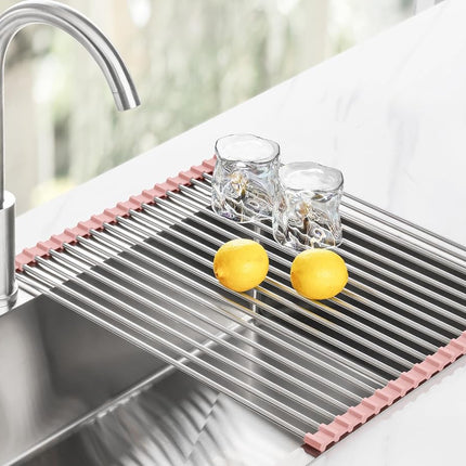 Tomorotec Roll Up Dish Drying Rack Over Sink, 304 Steel, 21x15.5, Pink