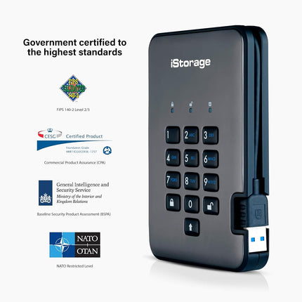 iStorage diskAshur PRO2 SSD 2TB - Secure Solid State Drive - FIPS Level 3 certified - Password protected - Dust/Water-Resistant - Hardware encryption