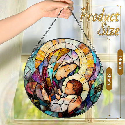 Baby Jesus and The Holy Mother Mary Sun Catcher, 8 Inch Stained Glass Window Hanging, Stained Glass Decor, Christian Home Decor, Christian Gifts for Women, Religious Gifts for Women