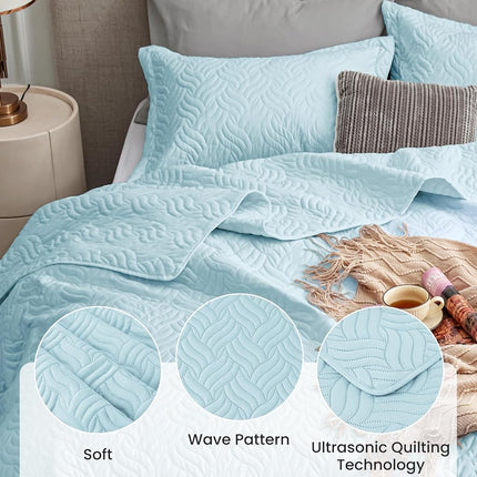 Love's cabin Twin Quilt Set Light Blue Bedspreads - Soft Bed Summer Lightweight Bedspread Comforter - Modern Style Wave Pattern Coverlet for All Season - 2 Pieces (1 Quilt, 1 Pillow Sham)
