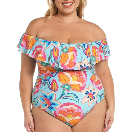 Traje de baño de una pieza con volantes y hombros descubiertos para mujer La Blanca, Multicolor//Breezy Beauty, 24 Plus