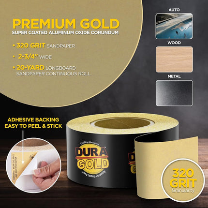 Dura-Gold - Premium - 240 Grit Gold - Longboard Continuous Roll 20 Yards Long by 2-3/4" Wide PSA Self Adhesive Stickyback Longboard Sandpaper for Automotive and Woodworking