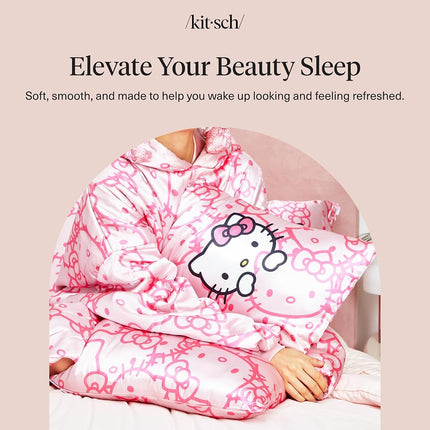 Kitsch x Hello Kitty (Pink Kitty Faces) - Satin Pillowcase with Zipper for Hair and Skin, Softer Than Silk, Smooth Cooling Pillow Covers, Machine Washable, King Size (19x36)