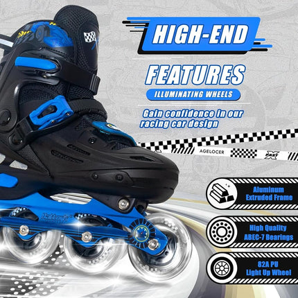 Nattork Kids Inline Skates Adjustable Light up Wheels Blades Roller for Boys Girls- TeenYouth Age 8-12 - Cool Racing Car Decorations Indoor Outdoor Blue