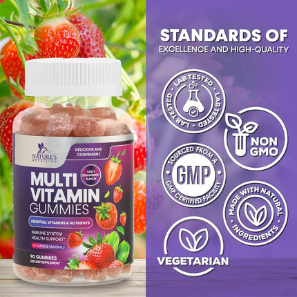 Multivitamin Adult Gummies Extra Strength Vitamin Gummy - Natural Complete Daily Supplement - Vegetarian Multi with Vitamins A, C, E, B6, B12 for Men and Women, Non-GMO - 90 Gummies