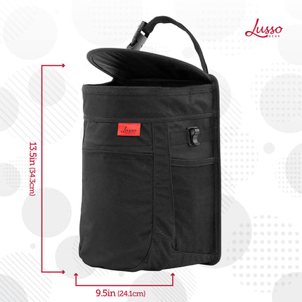 Lusso Gear Spill-Proof Car Bin, Car Trash Can for Rubbish - Removable Liner & Storage Pockets - Keep Car, Auto, Motor Tidy, Organised & Odor Free - Large 9L Capacity Garbage Bin (Black)