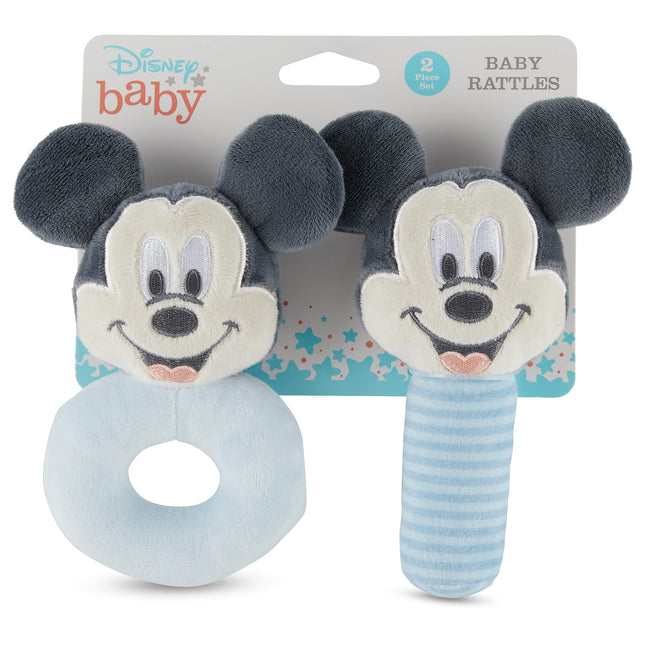 Disney Mickey Mouse Assorted Plush Lovie Rattle Set Pack of 2 - Soft and Cuddly Plush Material, Built-in Rattle for Sensory Stimulation,Vibrant Colors and Intricate Details