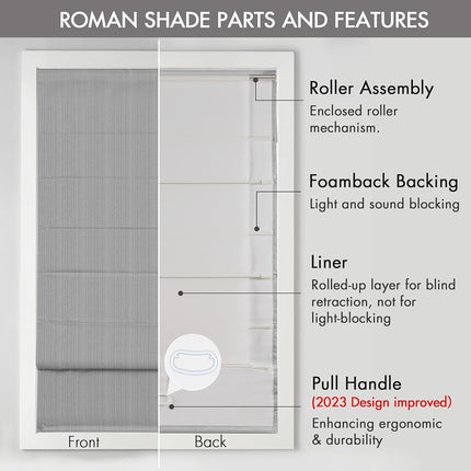 Madison Park Galen Cordless Roman Shades - Fabric Privacy Panel Darkening, Energy Efficient, Thermal Insulated Window Blind Treatment, for Bedroom, Living Room Decor, 39" x 64", Grey