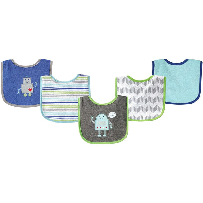 Luvable Friends Unisex Baby Cotton Terry Drooler Bibs with PEVA Back, Robot, One Size