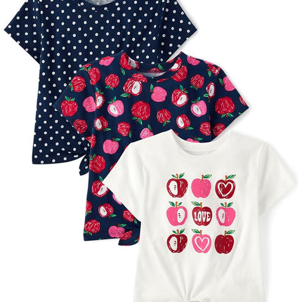 The Children's Place Short Sleeve Tie Front Top, Apple Hearts/Apples/Tidal 3-Pack, X-Small