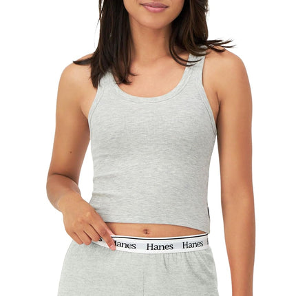 Hanes Women's Originals Rib Tank 2-Pack, Comfywear Stretch Cotton Cropped Top Pajama, Heather Grey Marle/Black, M (Pack of 2)