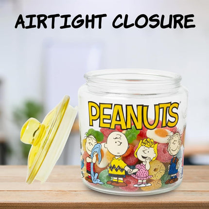 Silver Buffalo Peanuts Squad Featuring Charlie Brown, Snoopy, Schroeder, Lucy, Linus, Sally, Pigpen, Woodstock, and Franklin Glass Cookie Snack Candy Jar with Lid (Small)