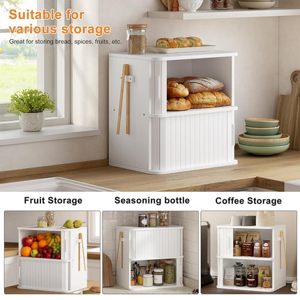 WOWLIVE 2-Tier Bread Box for Kitchen Countertop, Double Layer Roll Top Bread Boxes with Sliding Doors, Extra Large Bread Storage Cabinet for Loaves & Pastries, Bamboo Counter Organizer, White
