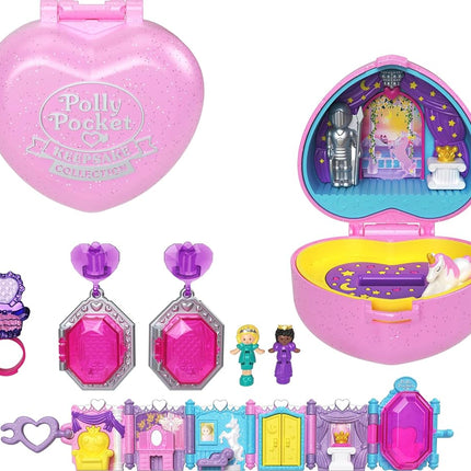 POLLY POCKET Colección de recuerdos de la princesa Juego de joyas del baile real, tema Castillo de unicornio, 2 muñecas, anillo y joyero, pendientes, pulsera, para mayores de 4 años