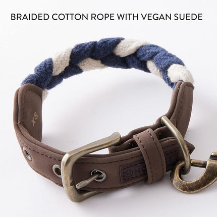 HonestBaby Pet Dogs 2-Piece Vegan Suede Collar/Braided Cotton Rope Leash Set, Navy/Ivory, XX-Small