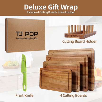 TJ POP Acacia Wood Chopping Board Set of 4, Wooden Chopping Boards with Food Symbols for Kitchen, Charcuterie Board for Meat, Vegetables, Fruits, Cheese
