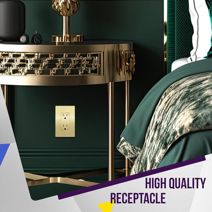 ENERLITES Elite Series Decorator Receptacle Outlet Child Safe Tamper-Resistant, Gloss Finish, Self-Grounding, Residential Grade, 15A 125V, 61501-TR-GDWBP, Brushed Gold with Plate