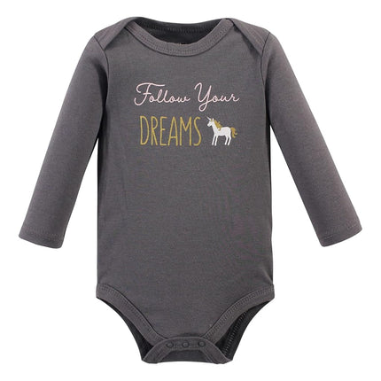 Hudson Baby Baby Girls Cotton Long-sleeve Bodysuits 3-pack, Gold Unicorn, 12-18 Months
