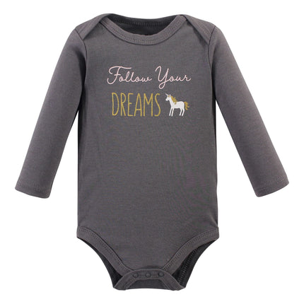 Hudson Baby Baby Girls Cotton Long-sleeve Bodysuits 3-pack, Gold Unicorn, 6-9 Months