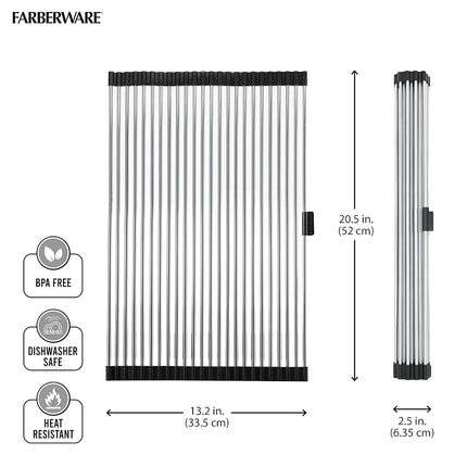 Escurreplatos Enrollable Farberware para Fregadero con Alambres de Acero Inoxidable, Grande, Plateado/Negro