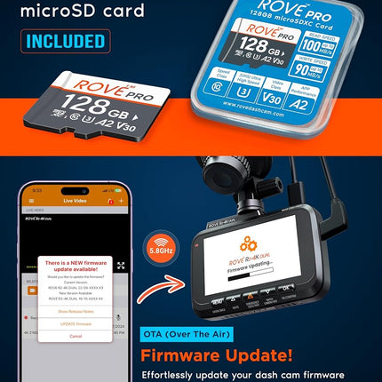 ROVE R2-4K DUAL Dash Cam Front and Rear, STARVIS 2 Sensor, FREE 128GB Card