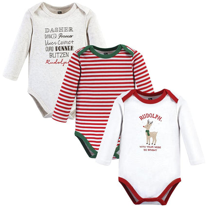 Hudson Baby unisex-baby Cotton Long-sleeve Bodysuits, Rudolph Reindeer, 3-6 Months