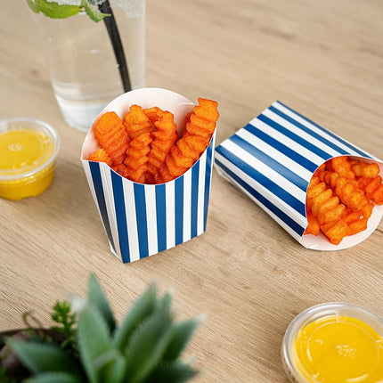 Bio Tek 3.9 x 2.6 x 3.5 Inch French Fry Cup, 100 Disposable Snack Cups - Stackable, Sustainable, Blue and White 2 Ounce Paper Fry Holder, for Fries, Onion Rings, Popcorn, or Cookies - Restaurantware