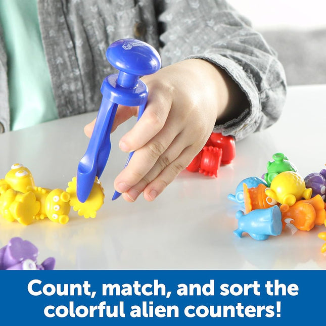 Learning Resources Grab & Sort Fine Motor Alien Counters, STEM Toys for Kids, Space Décor, Preschool Fine Motor Skills, 37 Pieces, Age 3+, Multicolor