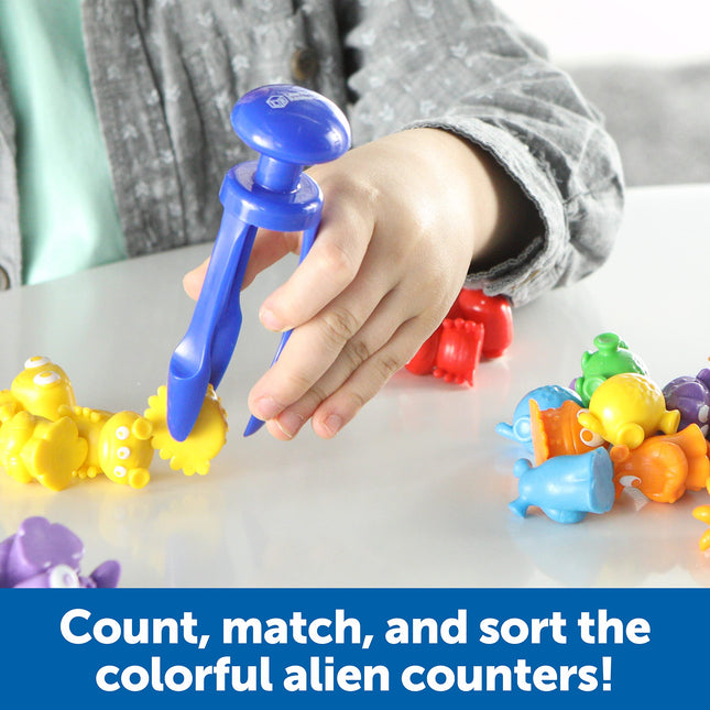 Learning Resources Grab & Sort Fine Motor Alien Counters, STEM Toys for Kids, Space Décor, Preschool Fine Motor Skills, 37 Pieces, Age 3+, Multicolor